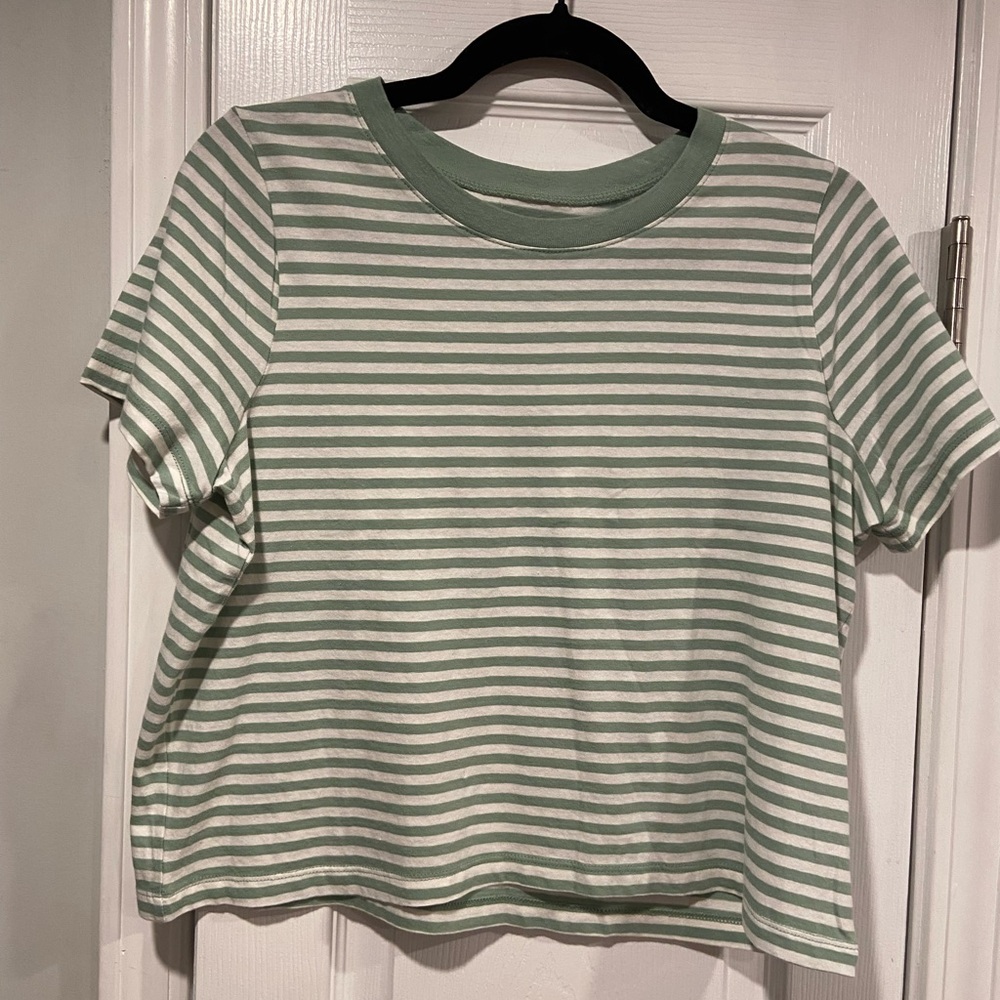 NWOT Madewell Size XS Sage Green White Striped Crop Tee Cotton Short Sleeve Top